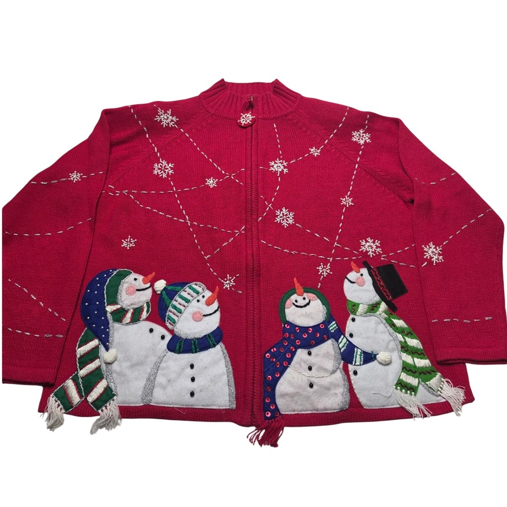 Tiara International Christmas 2004 Snowman Zip Cardigan Red Large NWT